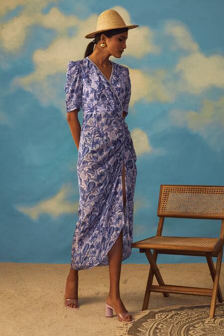 Rishi and Vibhuti_Purple Tropical Print Draped Dress _Online_at_Aza_Fashions
