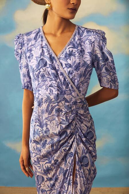 Buy_Rishi and Vibhuti_Purple Tropical Print Draped Dress _Online_at_Aza_Fashions
