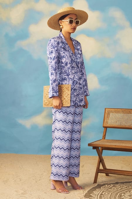 Rishi and Vibhuti_Purple Crepe, Rayon Chevron, Tropical Lapel Collar Printed Blazer And Pant Set _Online_at_Aza_Fashions