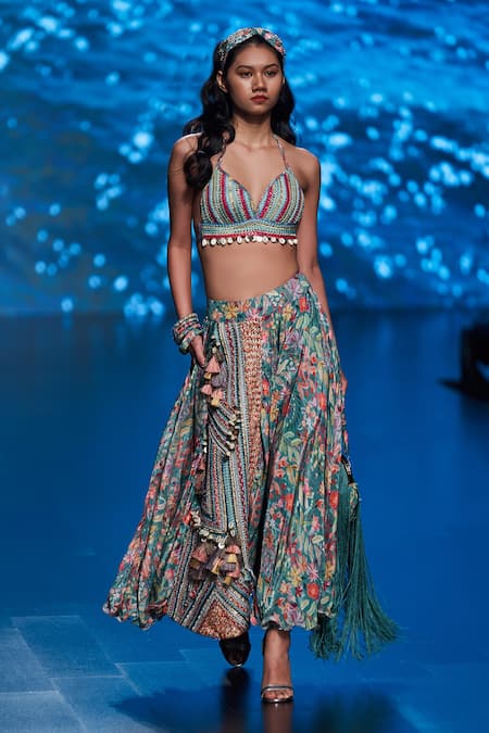 Rishi and Vibhuti Halter Neck Crop Top & Floral Print Skirt 