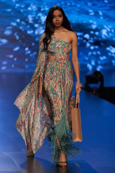 Indo Western Dress For Women, One Shoulder Indian Dress, Printed Fusion  Dress | eBay