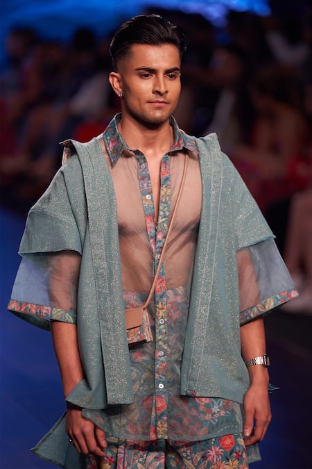 Rishi and Vibhuti_Blue Organza And Crepe Floral Print Sheer Shirt & Pant Set _Online_at_Aza_Fashions