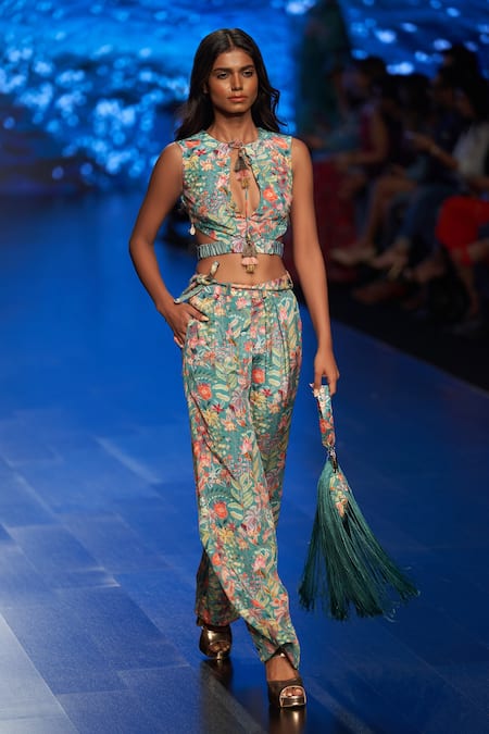Shop Rishi and Vibhuti Blue Crepe Floral Print Round Azure Crop Top And Pant Set at Aza Fashions Shop_Rishi and Vibhuti_Blue Crepe Floral Print Round Azure Crop Top And Pant Set _at_Aza_Fashions