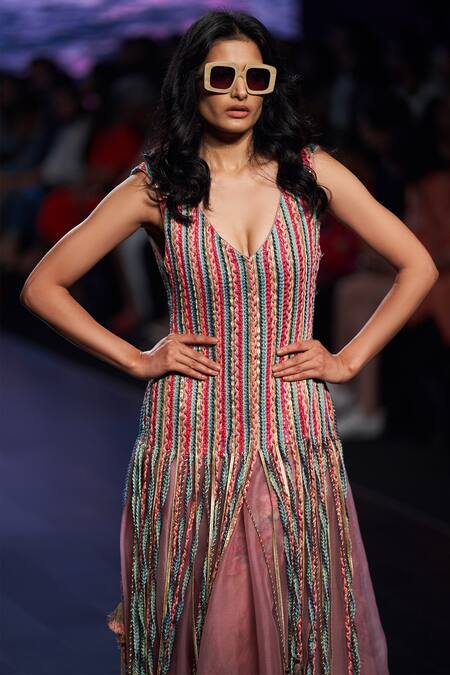 Rishi and Vibhuti Pink Organza Macrame Fringed Dress 2