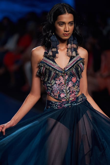 Rishi and Vibhuti_Blue Crepe And Organza Thread & Mirror V Neck Embellished Corset & Skirt Set_Online_at_Aza_Fashions