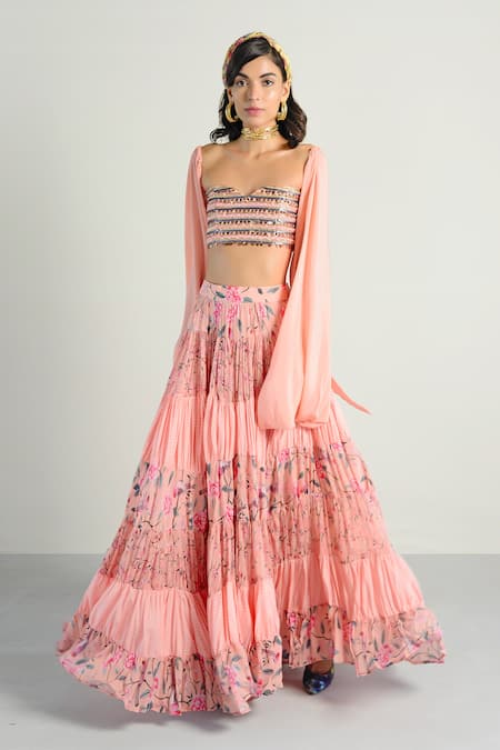 Rishi and Vibhuti Peach Crepe, Georgette, Rayon Notched Printed Skirt Set