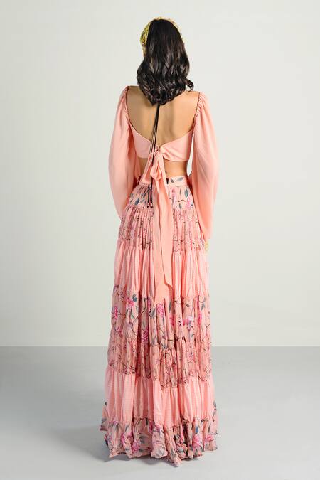Shop Rishi and Vibhuti Peach Crepe, Georgette, Rayon Notched Printed Skirt Set at Aza Fashions Shop_Rishi and Vibhuti_Peach Crepe, Georgette, Rayon Notched Printed Skirt Set_at_Aza_Fashions