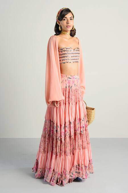 Rishi and Vibhuti Peach Crepe, Georgette, Rayon Notched Printed Skirt Set Online at Aza Fashions Rishi and Vibhuti_Peach Crepe, Georgette, Rayon Notched Printed Skirt Set_Online_at_Aza_Fashions