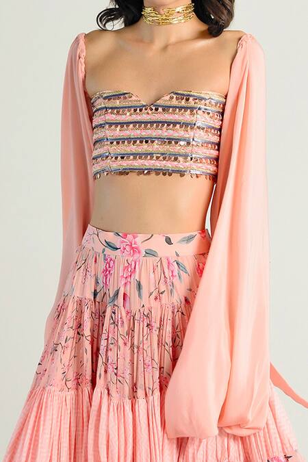 Buy Rishi and Vibhuti Peach Crepe, Georgette, Rayon Notched Printed Skirt Set Online at Aza Fashions Buy_Rishi and Vibhuti_Peach Crepe, Georgette, Rayon Notched Printed Skirt Set_Online_at_Aza_Fashions