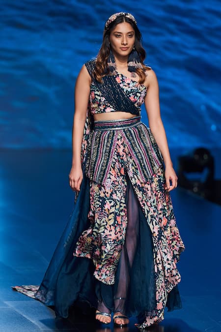 Rishi and Vibhuti Blue Crepe One Shoulder Crop Top And Skirt Set 