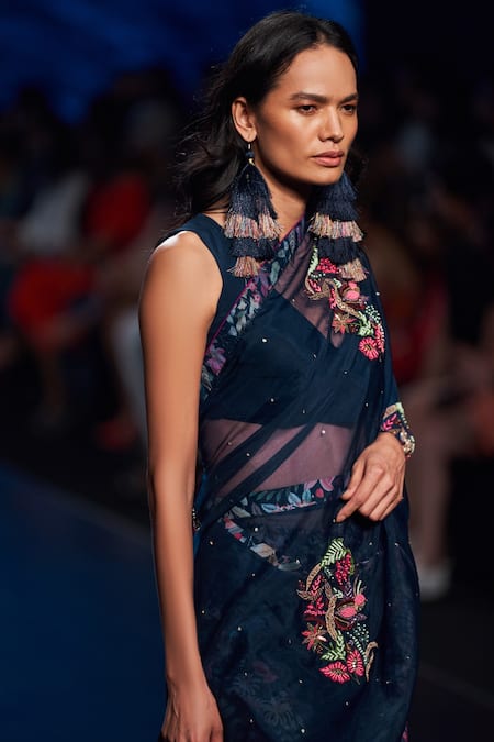 Shop Rishi and Vibhuti Blue Crepe And Organza Sequin & Siberian Squill Embroidered Saree With Blouse at Aza Fashions Shop_Rishi and Vibhuti_Blue Crepe And Organza Sequin & Siberian Squill Embroidered Saree With Blouse _at_Aza_Fashions