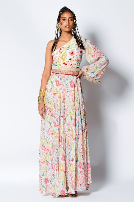 Rishi and Vibhuti Floral Print Gown With Belt 