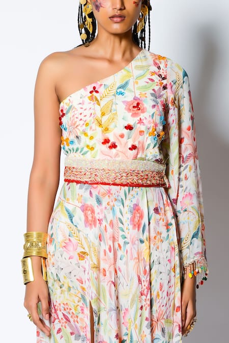 Buy_Rishi and Vibhuti_Ivory Crepe Beads And Sequin, Floral Motifs One Shoulder Print Gown With Belt _Online_at_Aza_Fashions