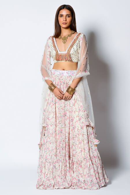 Rishi and Vibhuti Ivory Crepe, Lurex Georgette And Net Floral Motifs, Moonlight Mist Lehenga Set Online at Aza Fashions Rishi and Vibhuti_Ivory Crepe, Lurex Georgette And Net Floral Motifs, Moonlight Mist Lehenga Set _Online_at_Aza_Fashions