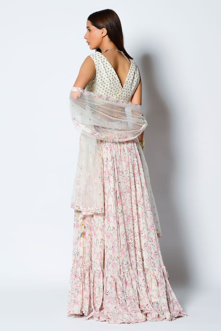 Shop Rishi and Vibhuti Ivory Crepe, Lurex Georgette And Net Floral Motifs, Moonlight Mist Lehenga Set at Aza Fashions Shop_Rishi and Vibhuti_Ivory Crepe, Lurex Georgette And Net Floral Motifs, Moonlight Mist Lehenga Set _at_Aza_Fashions