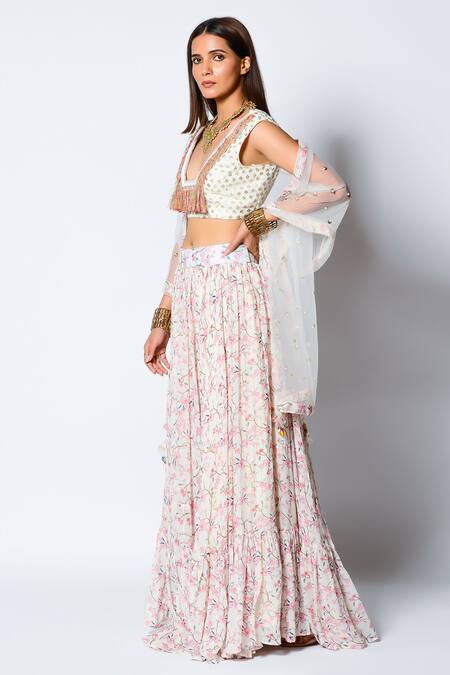 Buy Rishi and Vibhuti Ivory Crepe, Lurex Georgette And Net Floral Motifs, Moonlight Mist Lehenga Set Online at Aza Fashions Buy_Rishi and Vibhuti_Ivory Crepe, Lurex Georgette And Net Floral Motifs, Moonlight Mist Lehenga Set _Online_at_Aza_Fashions