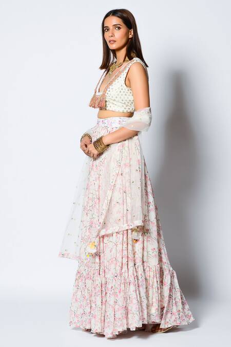 Shop Rishi and Vibhuti Ivory Crepe, Lurex Georgette And Net Floral Motifs, Moonlight Mist Lehenga Set Online at Aza Fashions Shop_Rishi and Vibhuti_Ivory Crepe, Lurex Georgette And Net Floral Motifs, Moonlight Mist Lehenga Set _Online_at_Aza_Fashions