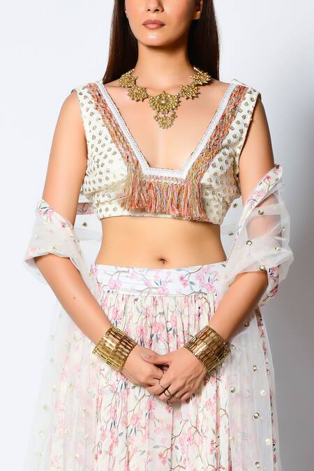 Rishi and Vibhuti Ivory Crepe, Lurex Georgette And Net Floral Motifs, Moonlight Mist Lehenga Set at Aza Fashions Rishi and Vibhuti_Ivory Crepe, Lurex Georgette And Net Floral Motifs, Moonlight Mist Lehenga Set _at_Aza_Fashions