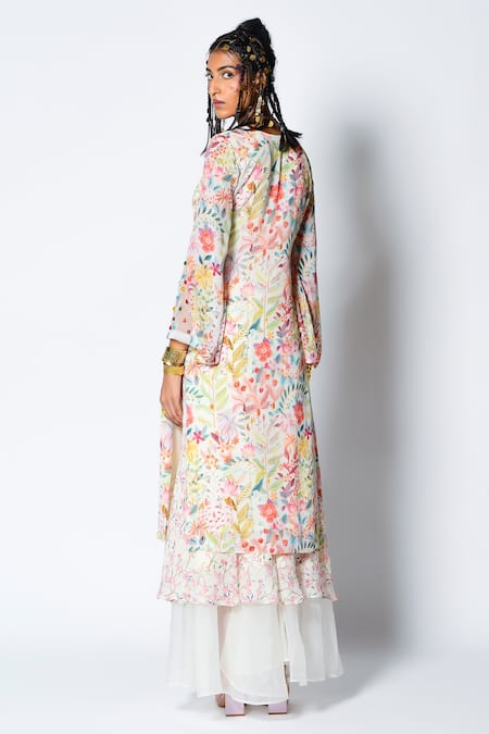 Shop Rishi and Vibhuti Ivory Crepe And Organza Beads & Sequin, Misty Print Kurta & Flared Pant Set at Aza Fashions Shop_Rishi and Vibhuti_Ivory Crepe And Organza Beads & Sequin, Misty Print Kurta & Flared Pant Set _at_Aza_Fashions