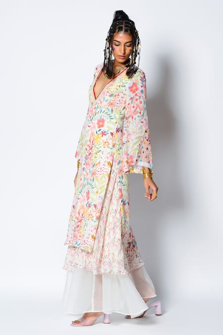 Rishi and Vibhuti Ivory Crepe And Organza Beads & Sequin, Misty Print Kurta & Flared Pant Set Online at Aza Fashions Rishi and Vibhuti_Ivory Crepe And Organza Beads & Sequin, Misty Print Kurta & Flared Pant Set _Online_at_Aza_Fashions