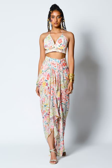 Rishi and Vibhuti Ivory Crepe Tropical Bralette And Draped Skirt Set