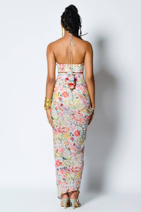 Shop Rishi and Vibhuti Ivory Tropical Bralette And Draped Skirt Set at Aza Fashions Shop_Rishi and Vibhuti_Ivory Tropical Bralette And Draped Skirt Set_at_Aza_Fashions