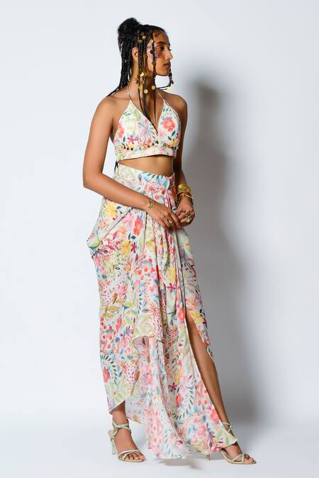 Rishi and Vibhuti Ivory Tropical Bralette And Draped Skirt Set Online at Aza Fashions Rishi and Vibhuti_Ivory Tropical Bralette And Draped Skirt Set_Online_at_Aza_Fashions