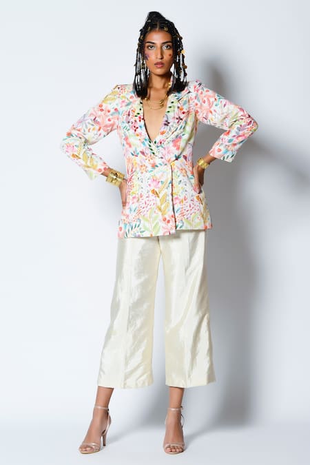 Rishi And Vibhuti_Ivory Crepe And Dupion Floral Motifs & Beads Lapel Misty Print Blazer & Pant Set _Online_at_Aza_Fashions