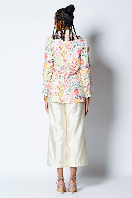 Shop_Rishi And Vibhuti_Ivory Crepe And Dupion Floral Motifs & Beads Lapel Misty Print Blazer & Pant Set _at_Aza_Fashions