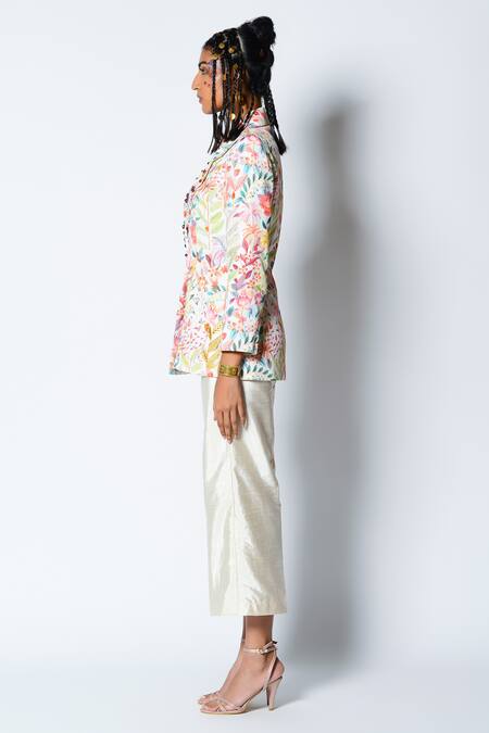 Buy_Rishi And Vibhuti_Ivory Crepe And Dupion Floral Motifs & Beads Lapel Misty Print Blazer & Pant Set _Online_at_Aza_Fashions