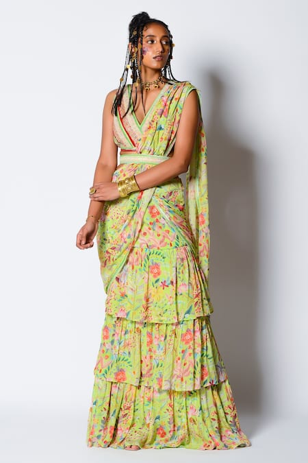 Rishi and Vibhuti Floral Print Pre-Draped Saree With Blouse 