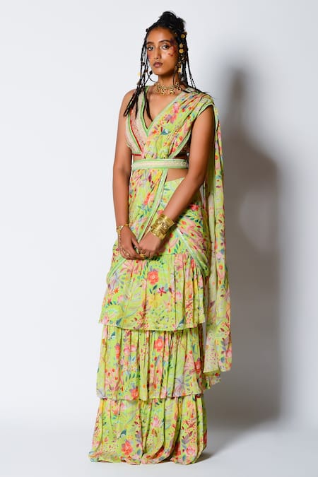 Shop Rishi and Vibhuti Green Crepe And Dupion Floral Print, Sequin & Beads V Pre-draped Saree With Blouse at Aza Fashions Shop_Rishi and Vibhuti_Green Crepe And Dupion Floral Print, Sequin & Beads V Pre-draped Saree With Blouse _at_Aza_Fashions