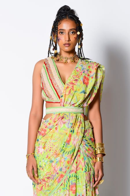 Rishi and Vibhuti Green Crepe And Dupion Floral Print, Sequin & Beads V Pre-draped Saree With Blouse Online at Aza Fashions Rishi and Vibhuti_Green Crepe And Dupion Floral Print, Sequin & Beads V Pre-draped Saree With Blouse _Online_at_Aza_Fashions