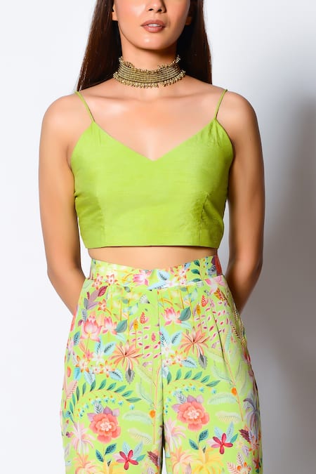 Rishi and Vibhuti_Green Georgette And Crepe Floral Print V Neck Boho Cape & Flared Pant Set_Online_at_Aza_Fashions