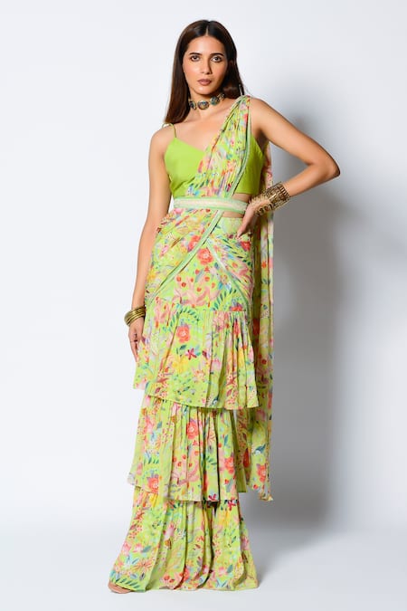 Rishi and Vibhuti Floral Print Pre-Draped Saree With Blouse 