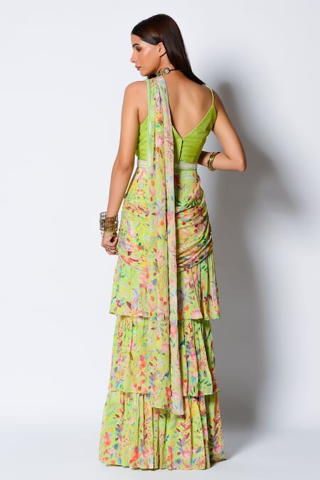 Shop Rishi and Vibhuti Green Crepe Floral Print And Sequin V Neck Pre-draped Saree With Blouse at Aza Fashions Shop_Rishi and Vibhuti_Green Crepe Floral Print And Sequin V Neck Pre-draped Saree With Blouse _at_Aza_Fashions