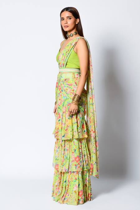 Rishi and Vibhuti Green Crepe Floral Print And Sequin V Neck Pre-draped Saree With Blouse Online at Aza Fashions Rishi and Vibhuti_Green Crepe Floral Print And Sequin V Neck Pre-draped Saree With Blouse _Online_at_Aza_Fashions