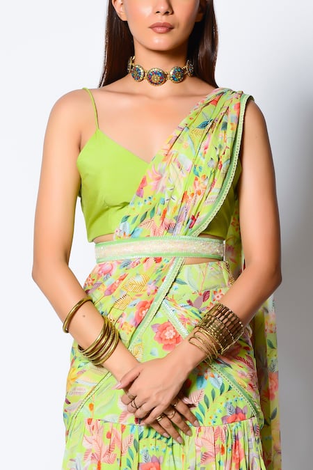 Buy Rishi and Vibhuti Green Crepe Floral Print And Sequin V Neck Pre-draped Saree With Blouse Online at Aza Fashions Buy_Rishi and Vibhuti_Green Crepe Floral Print And Sequin V Neck Pre-draped Saree With Blouse _Online_at_Aza_Fashions