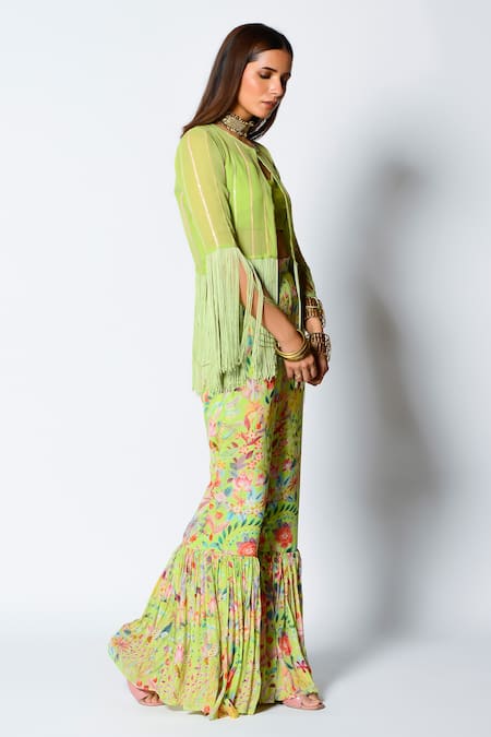 Rishi and Vibhuti_Green Crepe And Georgette Floral Print & Sequin Fringe With Gharara Pants_Online_at_Aza_Fashions