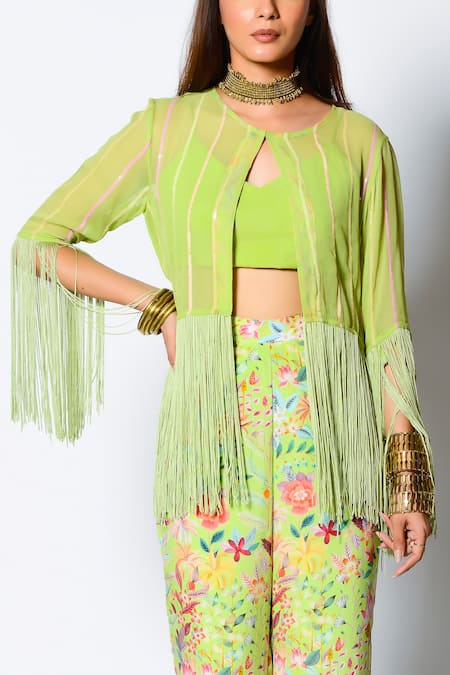 Buy_Rishi and Vibhuti_Green Crepe And Georgette Floral Print & Sequin Fringe With Gharara Pants_Online_at_Aza_Fashions
