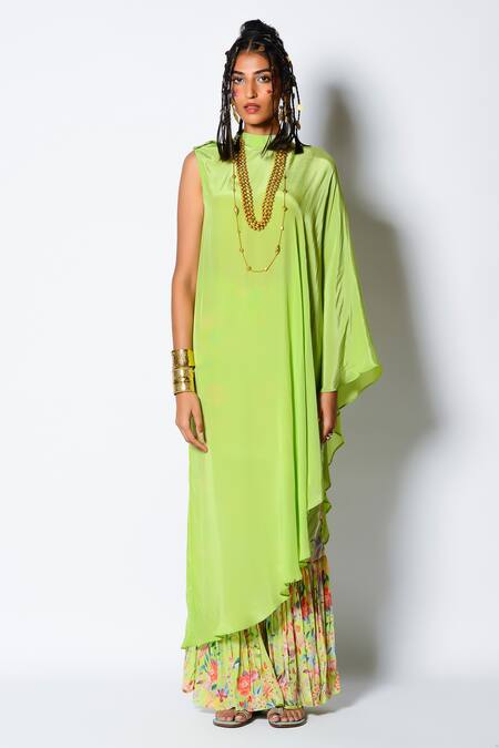 Rishi and Vibhuti_Green Crepe Floral Print High One Shoulder Kaftan And Gharara _Online_at_Aza_Fashions