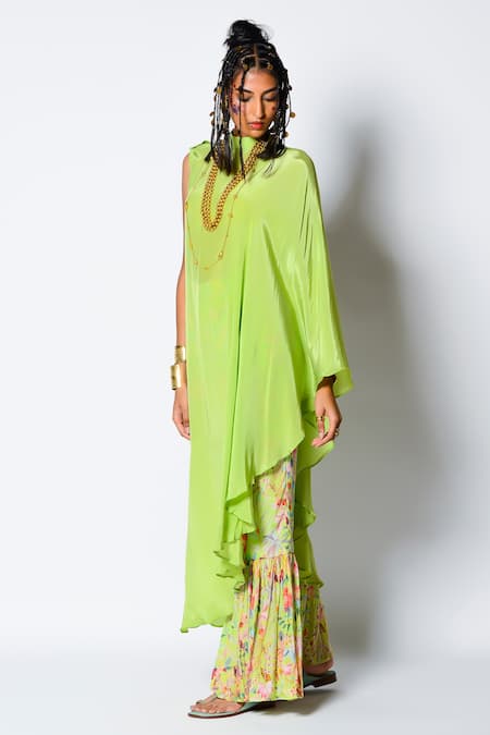 Buy_Rishi and Vibhuti_Green Crepe Floral Print High One Shoulder Kaftan And Gharara _Online_at_Aza_Fashions