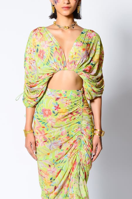 Buy_Rishi and Vibhuti_Green Crepe Floral Motifs V Neck Love Bird Drama Crop Top And Skirt Set _Online_at_Aza_Fashions