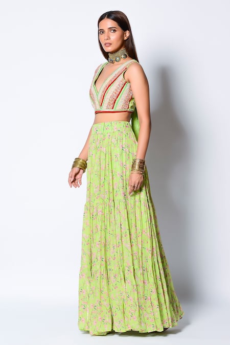 Rishi and Vibhuti_Green Georgette And Crepe Beads & Sequin, Floral Lea Love Blouse & Lehenga Set_Online_at_Aza_Fashions