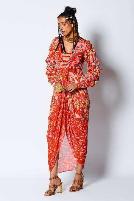 Rishi and Vibhuti_Red Crepe And Georgette Floral Motifs V Neck Blossom Drape Dress _Online_at_Aza_Fashions