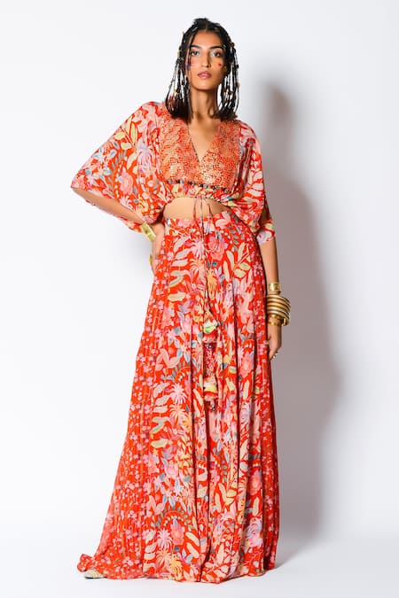 Rishi & Vibhuti Red Crepe And Georgette Print & Embellishment Floral Motifs V Crop Top & Skirt Set