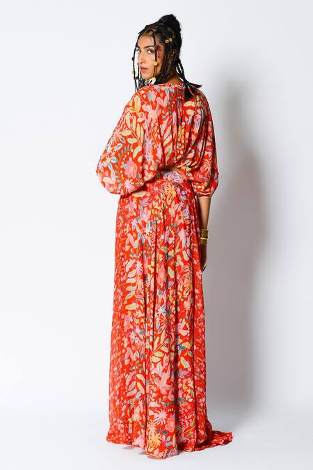 Shop_Rishi And Vibhuti_Red Crepe And Georgette Floral Motifs, Sequin & Beads V Neck Crop Top & Skirt Set _at_Aza_Fashions