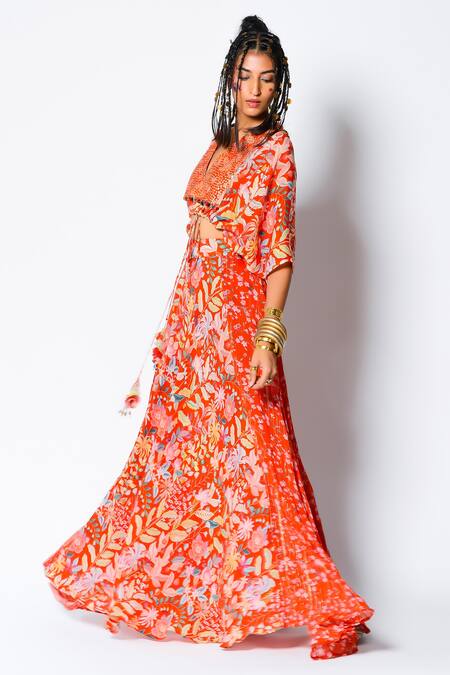 Rishi And Vibhuti_Red Crepe And Georgette Floral Motifs, Sequin & Beads V Neck Crop Top & Skirt Set _Online_at_Aza_Fashions