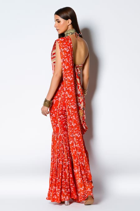 Shop Rishi and Vibhuti Red Crepe And Georgette Floral Motifs & Sequin Halter Sharara Saree With Blouse at Aza Fashions Shop_Rishi and Vibhuti_Red Crepe And Georgette Floral Motifs & Sequin Halter Sharara Saree With Blouse _at_Aza_Fashions