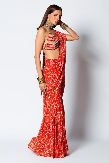 Rishi and Vibhuti Red Crepe And Georgette Floral Motifs & Sequin Halter Sharara Saree With Blouse Online at Aza Fashions Rishi and Vibhuti_Red Crepe And Georgette Floral Motifs & Sequin Halter Sharara Saree With Blouse _Online_at_Aza_Fashions